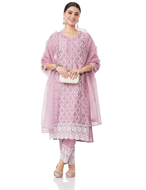 Myx Women's Embroidered Cotton Kurta Pant Set with Organza Dupatta
