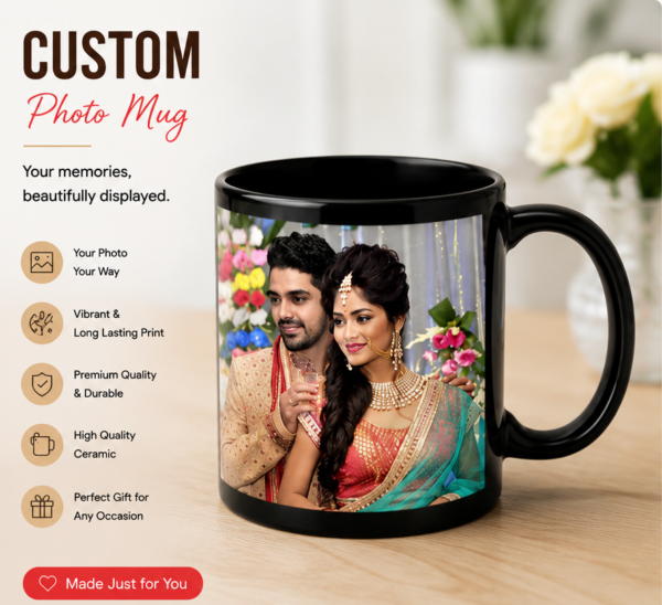 Custom Black Photo Mug | Personalized Ceramic Coffee Mug with Photo Print